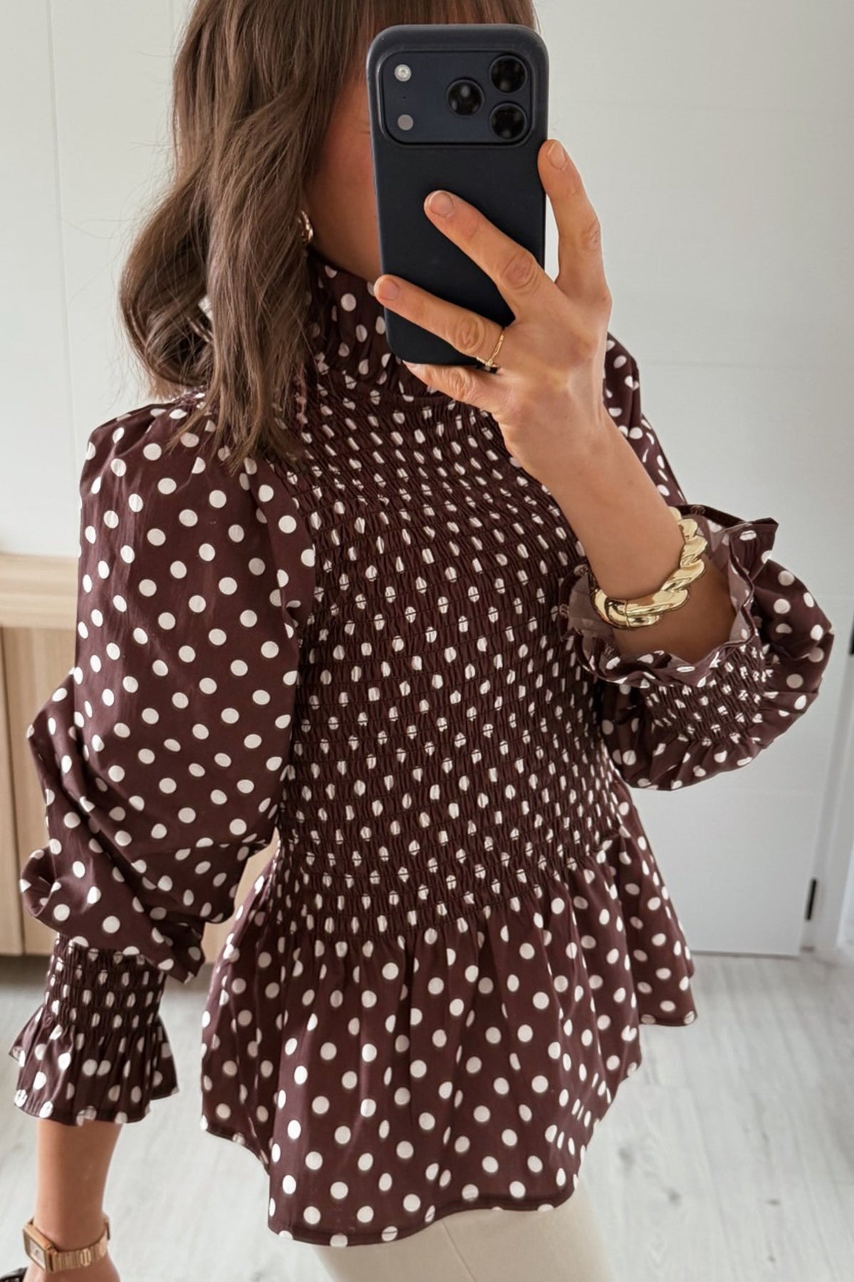 Polka Dot Ruffled High Neck Blouse
